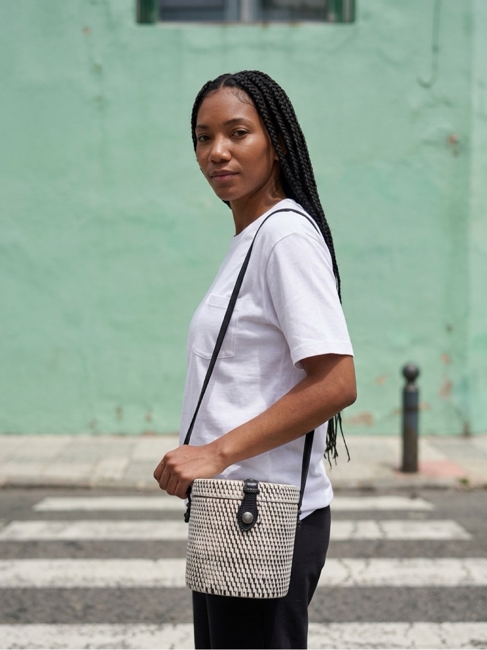 Black & White Woven Rattan Straw Round Crossbody Bag